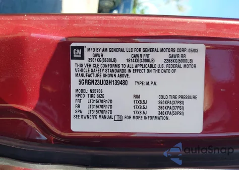 2003 Hummer H2 z USA, uszkodzony, nr VIN 5GRGN23U03H139480